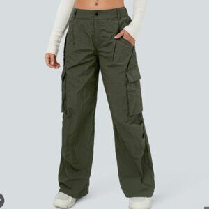 Halara Olive Green Cargo Pants Size L  Wide Leg  Mid Rise Nylon Utility NWT